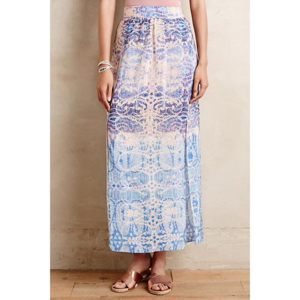 Maeve‎ Anthropologie 100% Silk Maxi Skirt Watercolor Boho Purple Blue Large